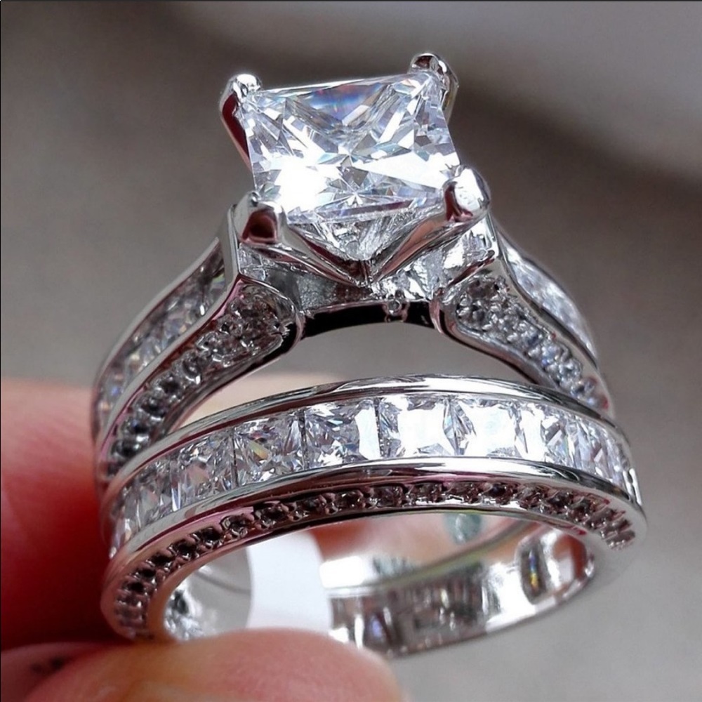 New 2 pc Set 925 Silver Diamond Engagement Ring - Picture 4 of 5
